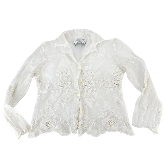 LORENA CONTI Womens Floral white mesh lace Blouse Top sheer Size small - Picture 1 of 10